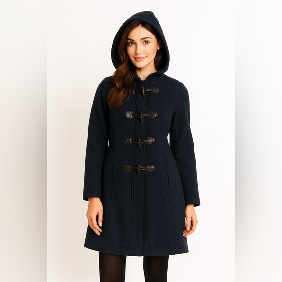 L.L. Bean womens toggle duffle coat size 6 petite navy blue hooded wool Italy - Picture 1 of 13